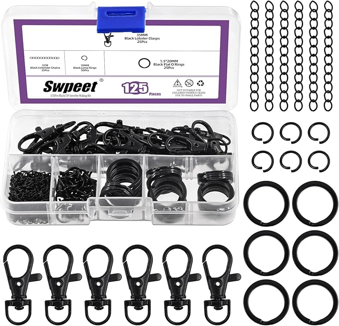 Swpeet 125Pcs Black Keychain Making Set, 25Pcs Swivel Lanyard Snap Hook, 25P Keychain Ring, 25P Extender Chains, 50P Open Jump Rings, Swivel Lobster Clasps, Keychains Clips