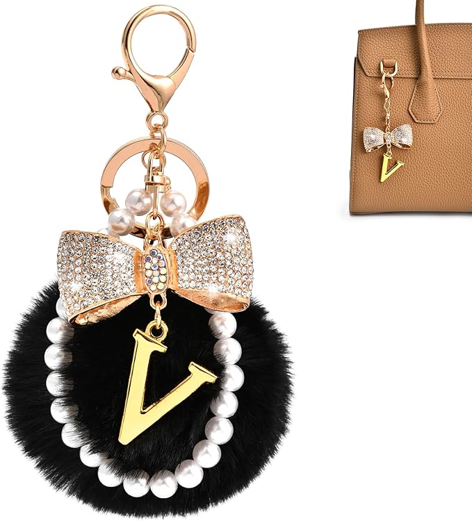 Gold Initial Keychain with Rhinestone Bow & Black Pom Pom, Cute Letter Bag Charm for Women Purse and Car Keys