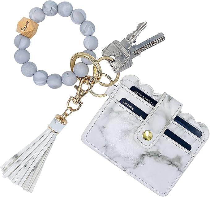 Keychain Wallet Wristlet Small Credit Card Holder Bracelet Key Chain Purse Bangle Tassel Beads Key Rings for Women