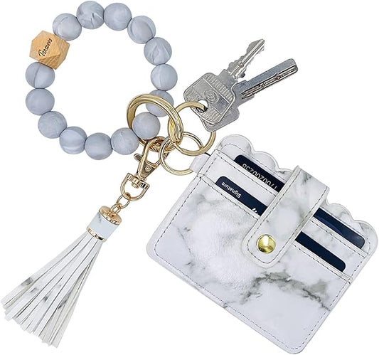 Keychain Wallet Wristlet Small Credit Card Holder Bracelet Key Chain Purse Bangle Tassel Beads Key Rings for Women