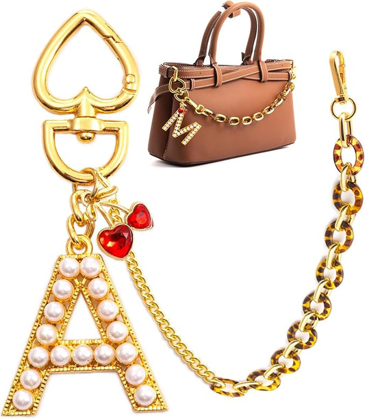 Pearl Initial Keychain with Leopard Bag Charms Wallet Chain Women Cute Alphabet Keychains Charm for Purse Handbag