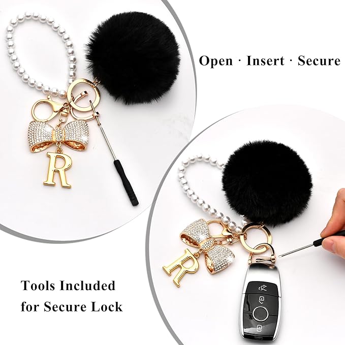 Gold Initial Keychain with Rhinestone Bow & Black Pom Pom, Cute Letter Bag Charm for Women Purse and Car Keys