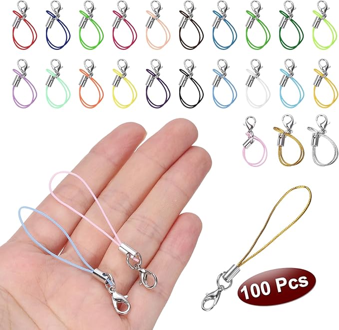 HARFINGTON 100Pcs Clasp Cords Clasp Strap Lanyard Charm Short Finger Rope with Lobster Clasp for Cellphone Cases Keychain DIY Jewelry Making, Gold Tone