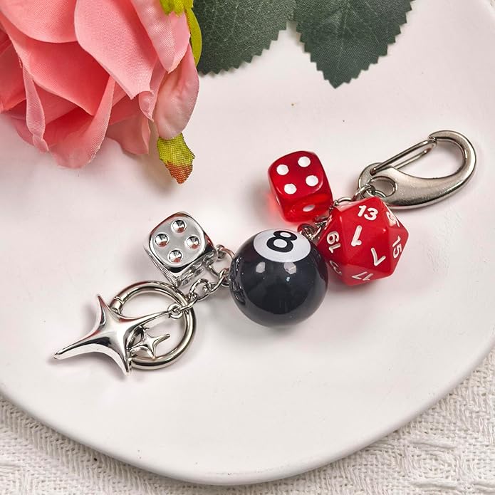 Y2K Keychain for Women, 8 Ball Dice Charm with Carabiner Clip - Cute Goth Core Keychain Bag Charm for Keys Bags Jeans