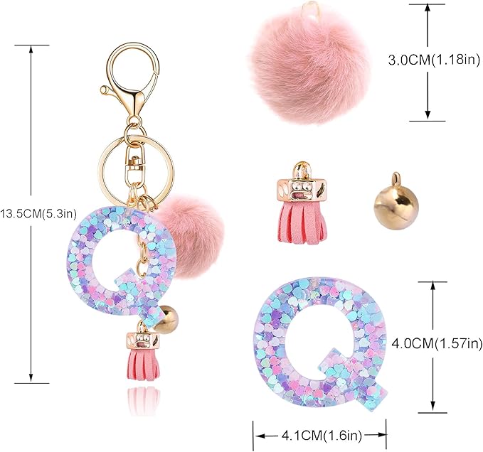 Resin Alphabet Initial Letter Keychain Keyring for Women Purse Handbags With Fur Ball Pom