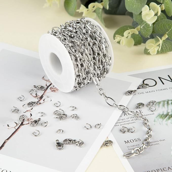 16.4 Feet Silver Stainless Steel Chains for Jewelry Making Heavy Men Hip-pop Necklace Embossed Cable Link Chain Bulk with 30 Jump Rings 10 Lobster Clasps