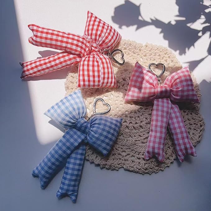 Pink Bow Keychain Bag Charms Y2K Bowknot Plaid Keychains Coquette Aesthetic Purse Handbag Backpacks Charms
