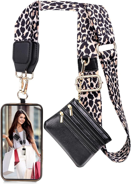 XANGNIER Clip and Go Strap for Phone with Wallet Crossbody,Phone Strap with Zippered Wallet, Adjustable Anti Theft Cellphone Lanyard for Women, Cellphone Chain Accessories,Leopard