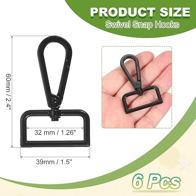 Swivel Snap Hooks, Metal D Ring Keychain Lanyard Clip Hook Lobster Clasp Claw Push Gate Clip - Fitting for(Purse Making - Sewing - DIY Crafts) 6 Pcs & 1.25" & Electrophoretic Black