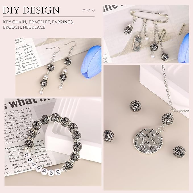 200 Pcs Hematite Rhinestone Beads for Jewelry Making, Sparkle Crystal Clay Christmas for Bracelet Baseball Necklace Earring Crafting and DIY, Shiny Round Shamballa Disco Ball Beads Bulk