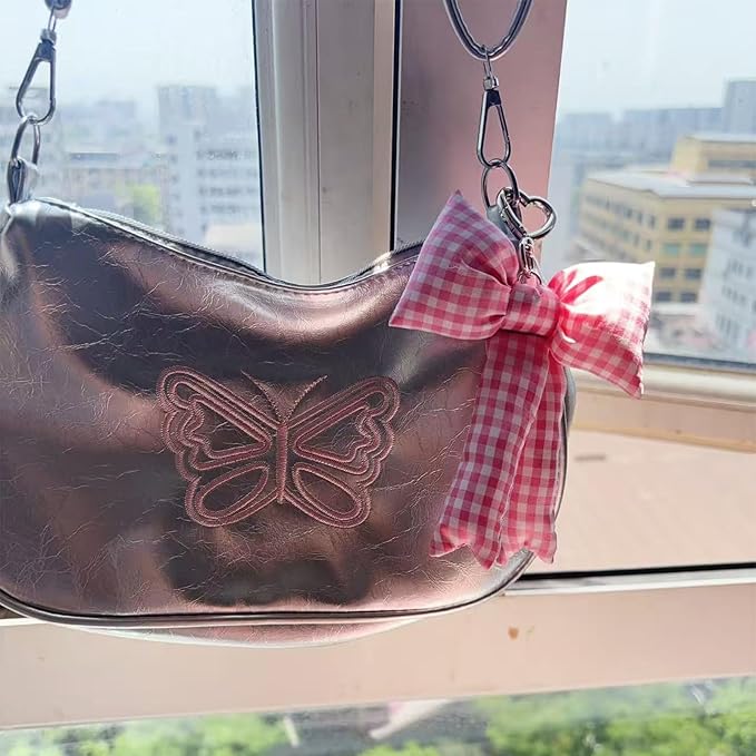 Pink Bow Keychain Bag Charms Y2K Bowknot Plaid Keychains Coquette Aesthetic Purse Handbag Backpacks Charms