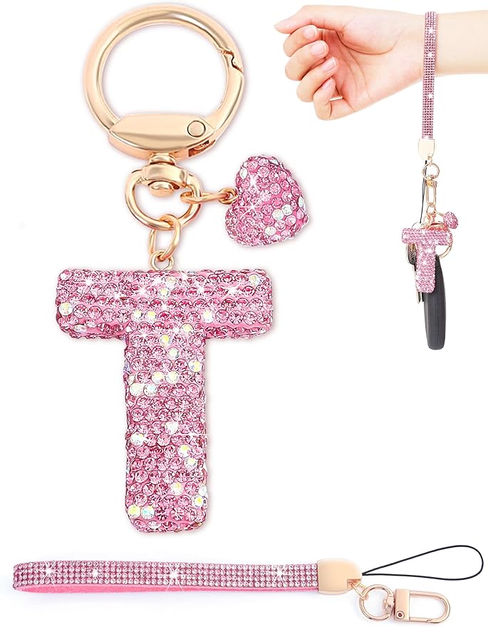 Initial Keychain for Women Girls,Bling Letter Key chain Initial with Heart,Pink Keychain Charms for Backpack Handbag