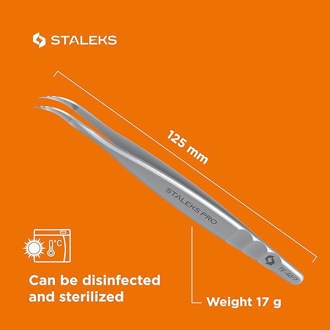 Staleks Pro Professional Eyelash Tweezers Expert 40 Type 7 – Curved – Volume & Classic Lash Extensions – Stainless Steel – Anti-Fatigue Design
