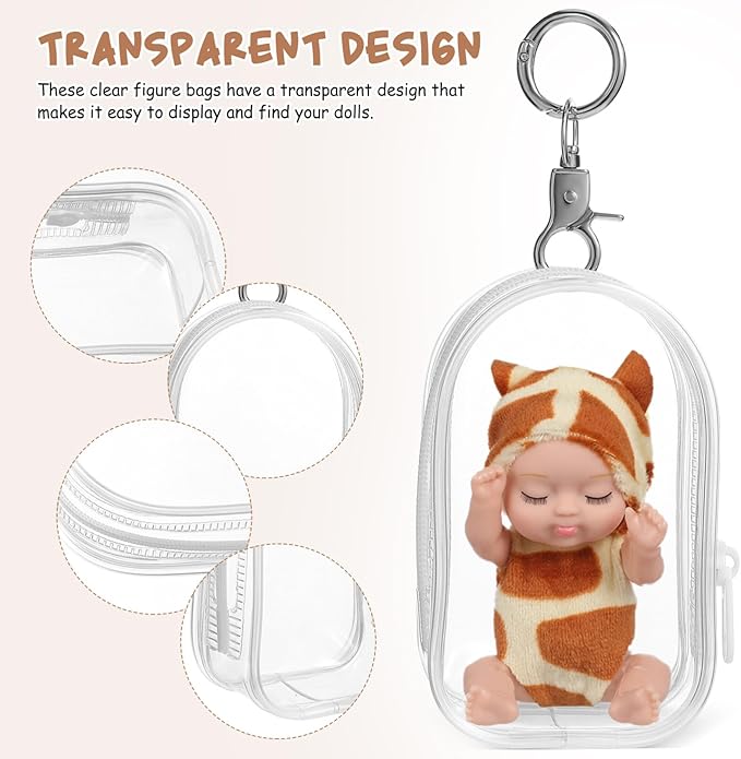 Toyvian 4 Pcs Clear Display Bag for Mini Resin Figures and Dolls with Zipper, Clear Pouch with Keychain, Carrying Bags Tiny Cases for Collectibles, Portable Small Doll Storage Pouches PVC Bag