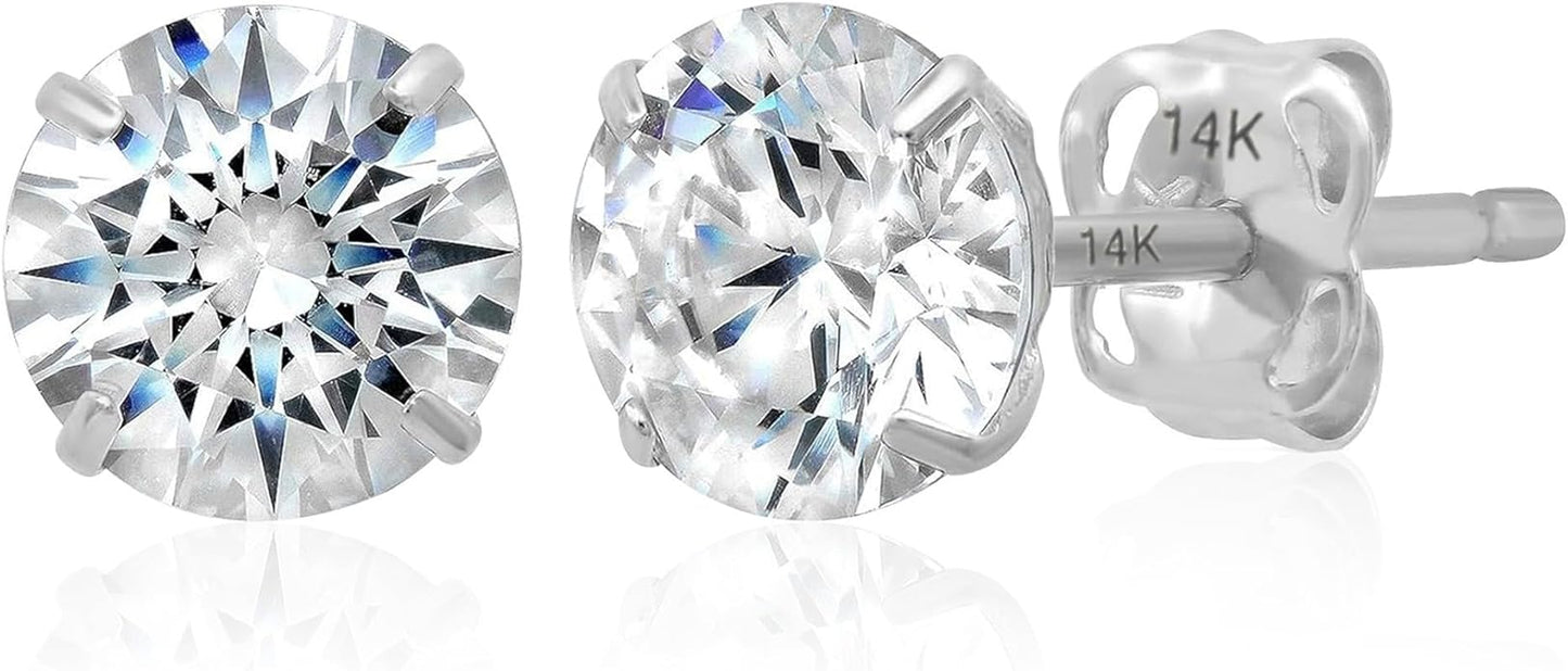 14k Gold Solitaire Round Cubic Zirconia Earrings Studs for Women & Men | Anti Tarnishing CZ Stud Earrings with 14k Gold Butterfly Pushbacks | 4MM-7.5MM by MAX + STONE
