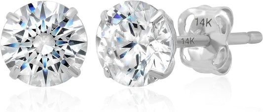 14k Gold Solitaire Round Cubic Zirconia Earrings Studs for Women & Men | Anti Tarnishing CZ Stud Earrings with 14k Gold Butterfly Pushbacks | 4MM-7.5MM by MAX + STONE