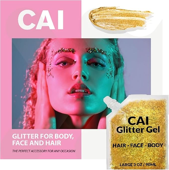 Face, Body & Hair Glitter Gel – Halloween Glitter for Kids and Women – 3 Oz Cosmetic-Grade Gel w/Moon & Stars for Festivals & Halloween Party, Easy Apply & Wash Off - Gold 2Pack