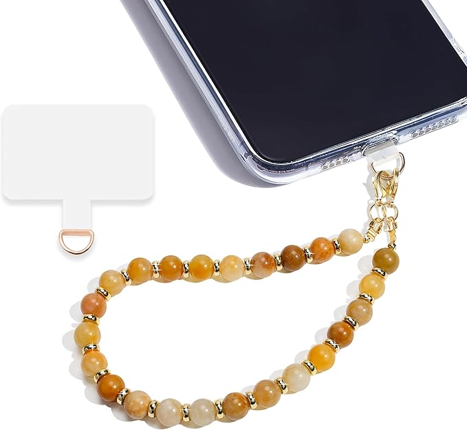 Marble Beaded Phone Wrist Strap,Detachable Phone Bracelet Strap with Tether Tab,Hands-Free Wristlet Strap (Yellow Jade)