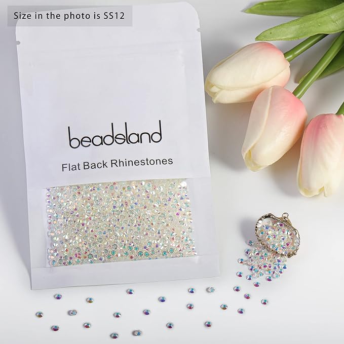 Beadsland Flat Back Crystal Rhinestones Round Gems for Nail Art and Craft Glue Fix, Transparent AB, 3.0-3.2mm, SS12/1440pcs