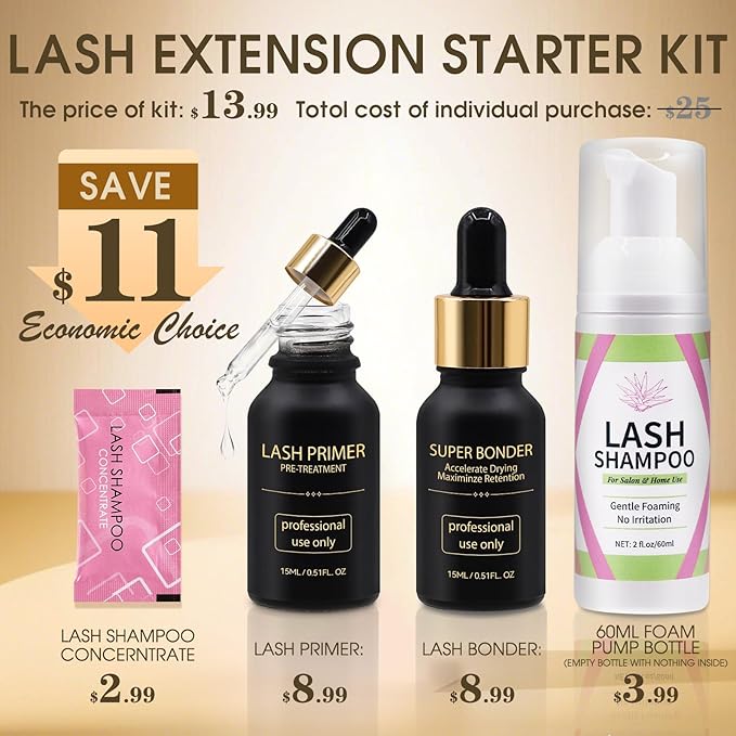 Miuffue Lash Bonder Primer and Shampoo Kit for Eyelash Extensions, Glue Accelerator Lash Sealant, Pre-treatment Primer Protein Oil Cleanse Remover, Makeup Tools for Professional Use (15ml+15ml+60ml)