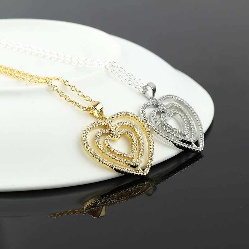JOR Hearts in Heart Charm Pendant Necklace, CZ, Women Jewelry, Dainty Gold & Silver Plated Combo Chain 18 inch (Pack of 2)