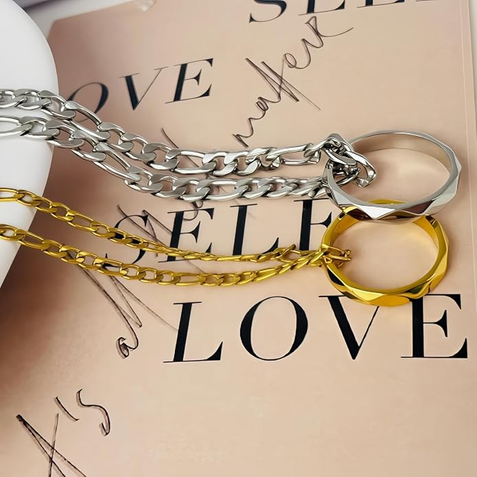 LAOLINTUS Matching Necklace for Couples Necklace Gifts for Women, Valentine’s Day Engagement Gifts for Her, Silver and 18K Gold Plated Figaro Chain for Girlfriend Wife with Double Ring