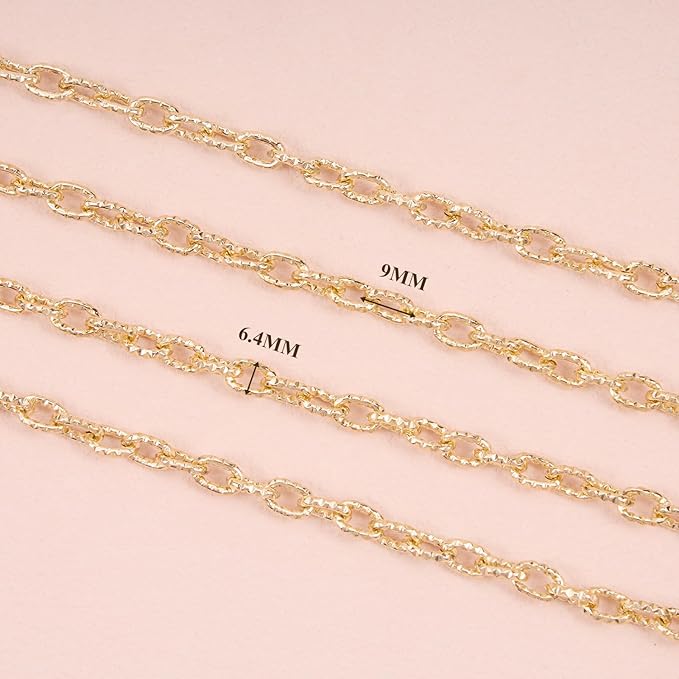 BORUINIE 33 Feet Gold Plated Rolo Chains Textured Oval Link Aluminum Chain Roll Bulk for DIY Necklace Jewelry Making
