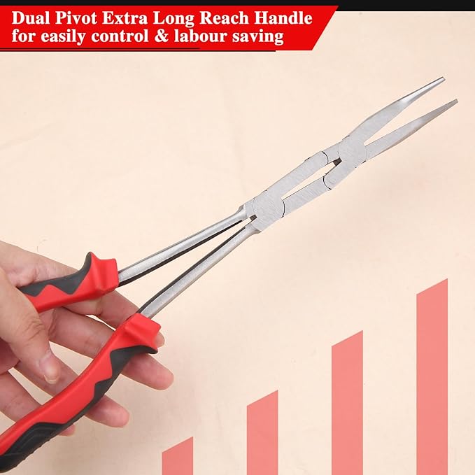 13 Inches Dual Pivot Pliers Double Joint Bent Long Nose Dual Material Pliers with Serrated Jaw 45 Degree Extra Long Reach Compound Action Pliers for Hard to Reach Narrow Spaces