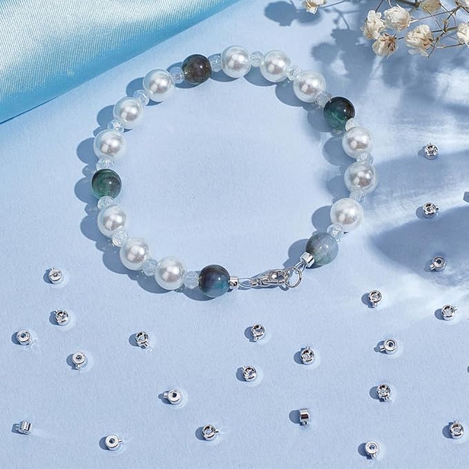 PH PandaHall 60PCS Stopper Crimp Beads, 925 Sterling Silver Plated Spacer Beads Metal Brass Crimp Bead Positioning Flat Round Bead for DIY Bracelet Necklace Jewelry Making Accessories