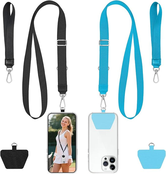 takyu Phone Lanyard, 2 Pack Adjustable Anti-Drop Neck/Wrist Strap with 2 PcsTether Patches, Secure Hands-Free Compatible for iPhone Samsung Perfect for Nurses, Teachers, Travel, Hiking Black+Blue