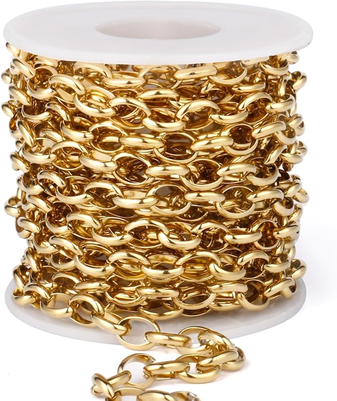 16.5FT Gold Oval Rolo Chains Roll, 7.5mm Width 18K Gold PVD Plated 304 Stainless Steel Oval Cable Link Chain Bulk Spool for Jewelry Making DIY Craft