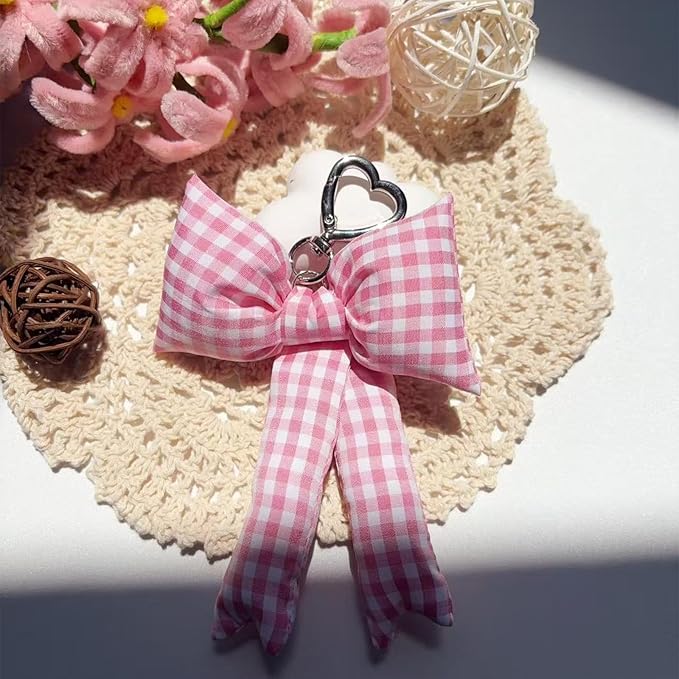 Pink Bow Keychain Bag Charms Y2K Bowknot Plaid Keychains Coquette Aesthetic Purse Handbag Backpacks Charms