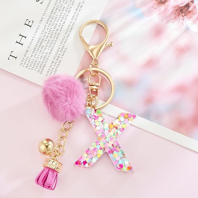 Resin Alphabet Initial Letter Keychain Keyring for Women Purse Handbags With Fur Ball Pom
