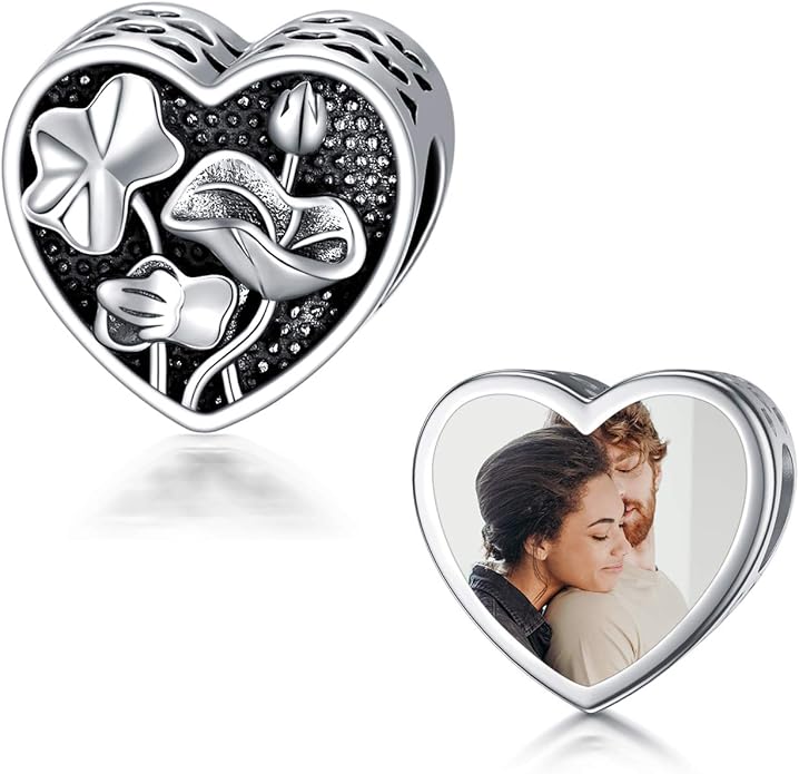 LONAGO 925 Sterling Silver Personalized Photo Charm Fit Compatible for Bracelet Necklace Customized Heart Round Shape Picture Bead