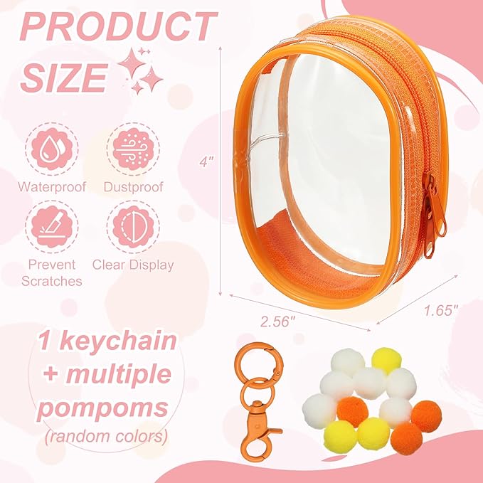 uxcell 4 Inch Clear Figure Display Bag, Mini Clear Pouch Waterproof Coin Pouch with Keychain and Pom Poms for Blind Box Doll Display (Round, Orange)