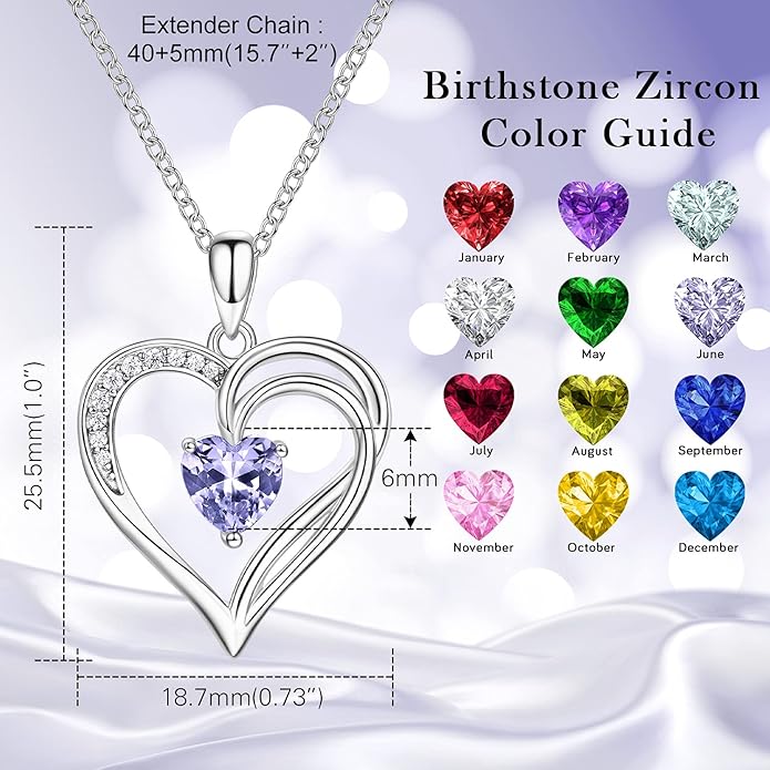 AM ANNIS MUNN 925 Sterling Silver Heart Necklace for Women Birthstone Necklace Silver Jewelry for Womens Jewelry Gifts for Women Her Mom
