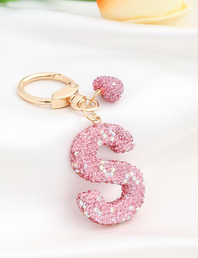 Initial Keychain for Women Girls,Bling Letter Key chain Initial with Heart,Pink Keychain Charms for Backpack Handbag