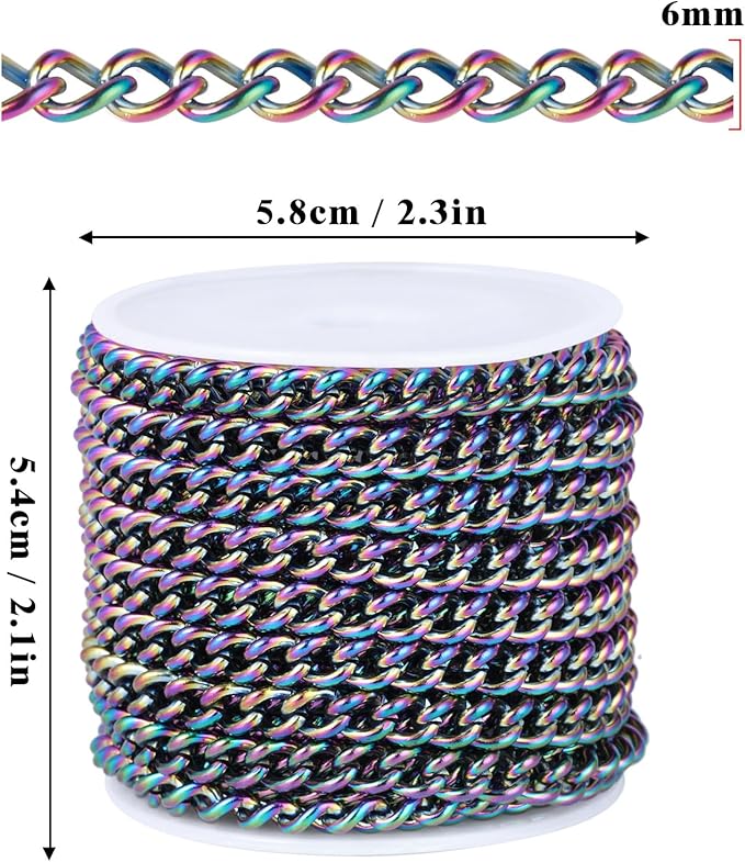 16.5FT Colorful Stainless Steel Curb Chains Roll, 6mm 304 Stainless Steel Multi Color Flat Twisted Links Curb Chains Bulk Spool for Jewelry Making DIY Craft