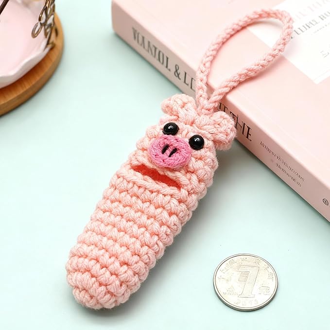 Angyape Cute Lip Balm Holder Keychain Lipstick Chapstick Holder Keychain Crochetr Pig Bag Charms Purse Charms Gifts for Women