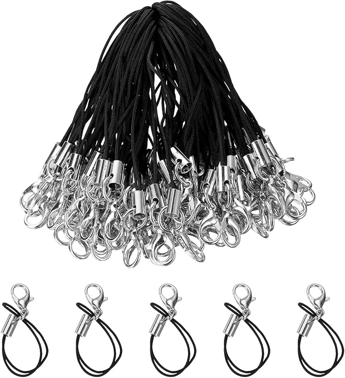 HARFINGTON 100Pcs Clasp Cords Clasp Strap Lanyard Charm Short Finger Rope with Lobster Clasp for Cellphone Cases Keychain DIY Jewelry Making, Black