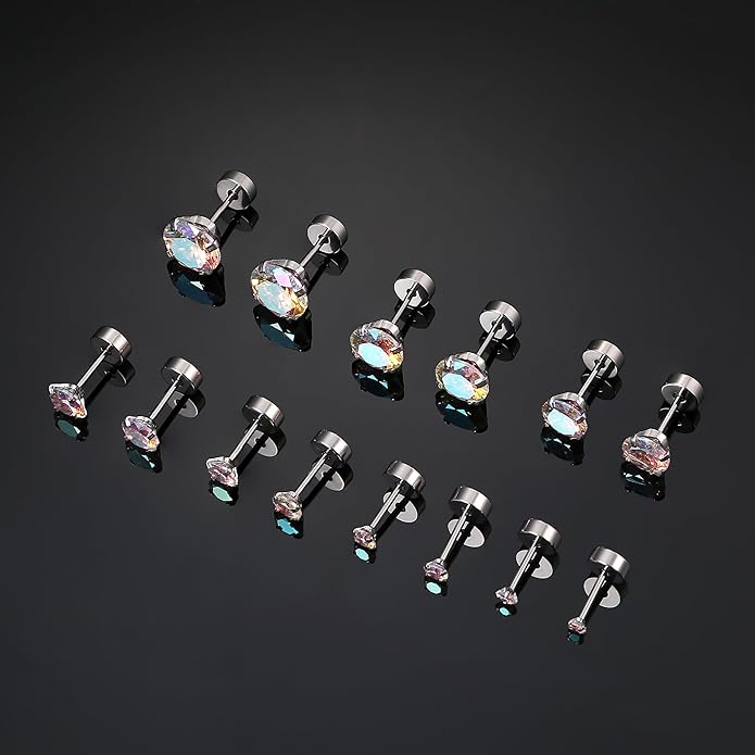 Fansilver 20G Hypoallergenic Flat Back Earrings for Women Men Silver 14K Gold Stainless Steel Stud Earrings Brithstone Cubic Zirconia Studs Surgical Steel Cartilage Earrings for Sensitive Ears