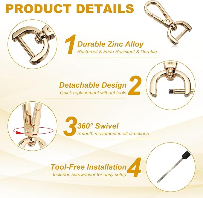 YELARXI Swivel Clasps Hook, 5/8 Inch ID Detachable Snap Hook W/Screw Bar D Ring Claw Clasp with Screwdriver Fit for Lanyard Bag Leather Craft Purse Hardware DIY Bag (4 Pack, Light Gold)