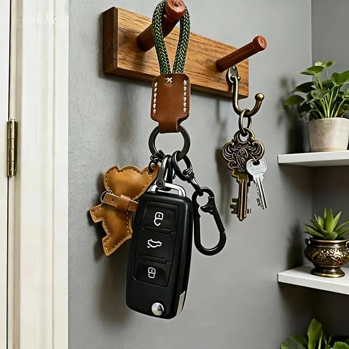 Handmade French Bulldog Keychain - Genuine Cowhide Leather & Braided Rope Car Key Fob Holder with D-Ring & Quick-Release, Cute Puppy Bag Charm Gift for Women Men (Brown Leather Green Rope)
