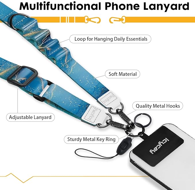 Phone Lanyard Crossbody, Blue Marble Cell Phone Strap for Around The Neck Adjustable, Anti Theft Cute Lanyard for iPhone Case ID Holder Keys Accessories Travel Essential
