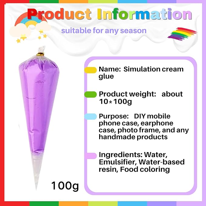 ASTRYAS 10PCS 100g Cream Glue Kit, Decoden Kit, Fake Whipped Cream Glue Clay Frosting with Decorating Tips for Crafts Handmade Phone Case Mirror Jewelry Accessories (Rainbow Theme)