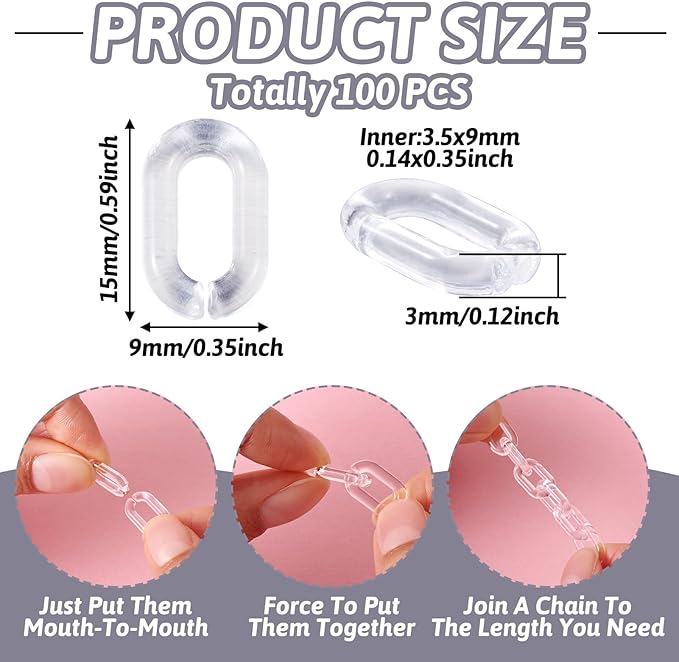 Beadthoven 100pcs Transparent Acrylic Linking Rings Oval Quick Link Connectors for Curb Chains Purse Eyeglass Chain DIY Craft Making 15x9x3mm (Clear)