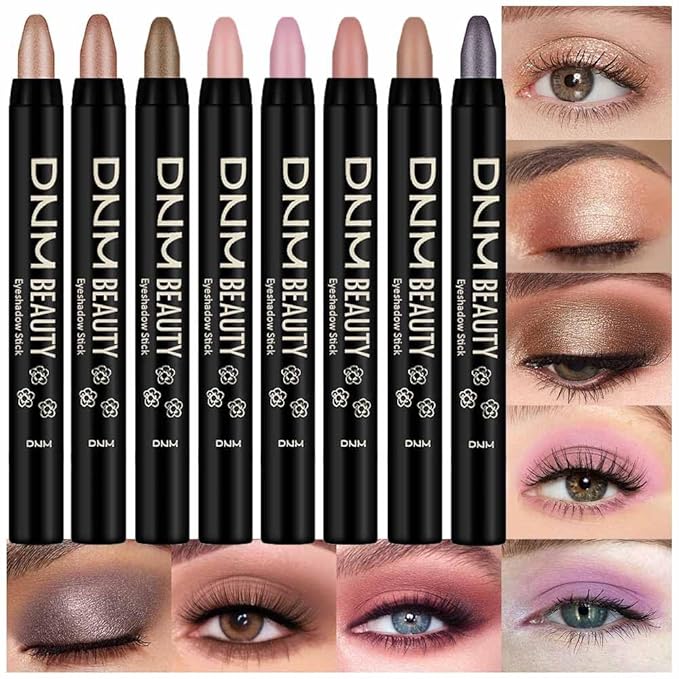 evpct 8Pcs Cream Eye Shadow Brightener Sticks Set for Eyes, Champagne Golden Rose Bronze Pink Waterlily Mauve Plum Smoky Amethyst Tawny Shimmer Matte Pencil Eye shadow Crayon Stick Palette Makeup 06