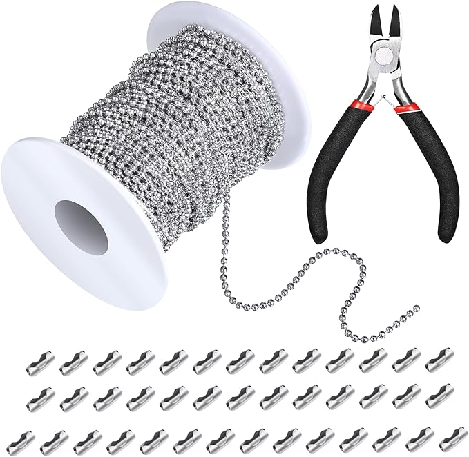 Mudder 65 ft Ball Necklace Chains, 2. 4mm Bead Link Dog Tag Chain Roll with 40 Ball Connectors and Plier for Necklace Hanging Ornament Key Chain Dog Pet Tags(Silver)