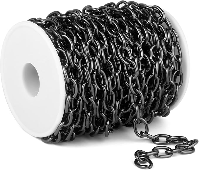 33 Feet Black Rolo Cable Chains Roll, 9 MM Black Plated Aluminium Oval Cable O Links Chain Bulk Spool for Jewelry Making DIY Craft
