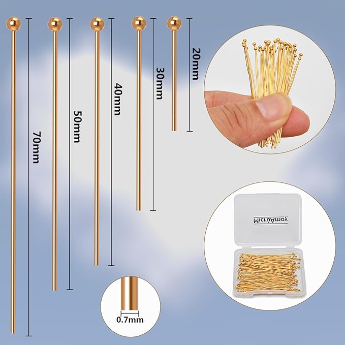 100pcs 18K Gold Filled Ball Pins Non Tarnish Craft Earring Bracelet Jewelry Making Accessories Supplies (70mm (2.75in), Gold-Ball Pin)
